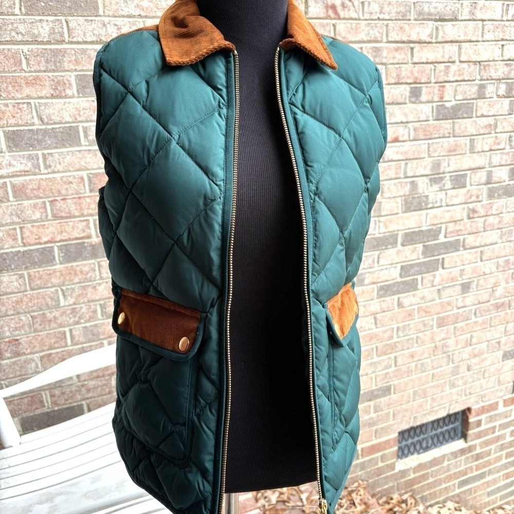 J.Crew Quilted Down Puffer Vest Womens XXS Green Brown Heritage Preppy - Picture 2 of 16